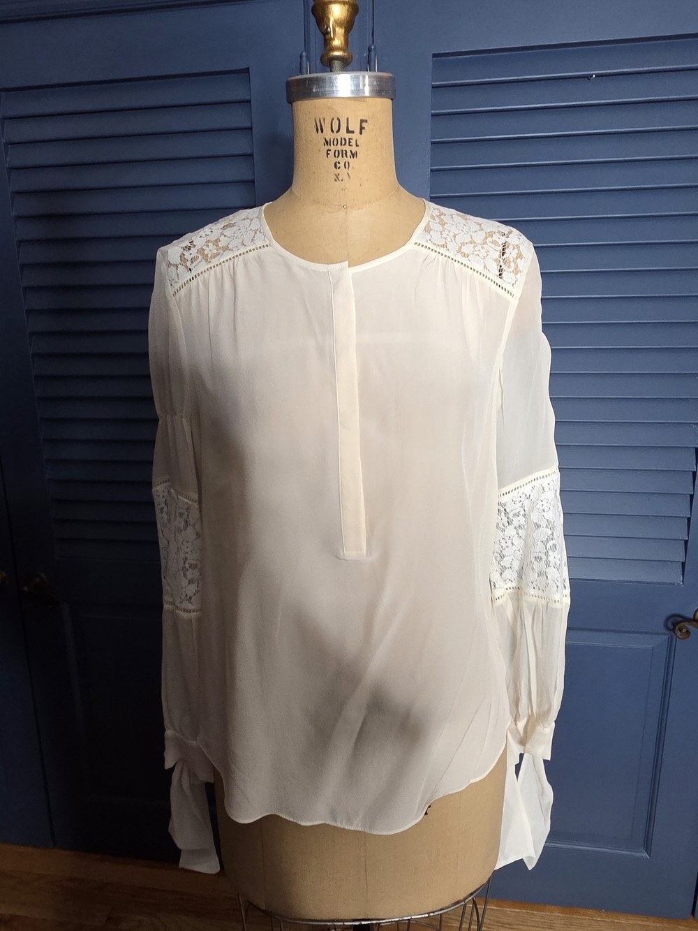 Rebecca Taylor Sarah Lace Paneled Silk Blouse in Chalk - Size 2